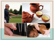 A collage of integrative medicine practices; tai chi, green tea, acupuncture, aand massage.