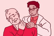 Main in pain with doctor illustration.