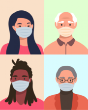 Illustration of four people of various races and ethnicities wearing masks in a grid