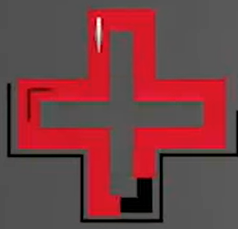 A red cross on a gray background