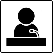 Clipart of a stick figure at a podium with a microphone