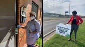 Left: woman distributes door hangers. Right: woman pitches a yard sign near a road.