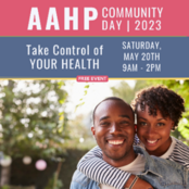 African American Health Program Community Day graphic. Text says "Take Control of Your Health: Saturday, May 20th 9am-2pm".