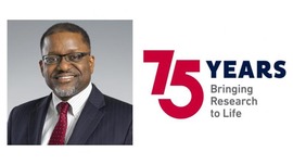 An image of Dr. Gary Gibbons next to the NHLBI 75th anniversary logo