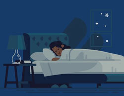 A cartoon of a young woman sleeping in her bedroom at night