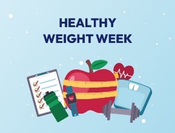 Image of a checklist, water bottle, measuring tape, apple, , heart, weight, and scale. Text: Healthy Weight Week. 