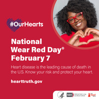 National Wear Red Day graphic featuring an African American woman smiling and making a heart symbol with her hands. 