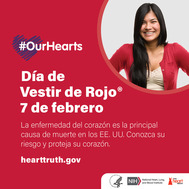 National Wear Red Day Graphic in Spanish featuring a Hispanic woman smiling. 