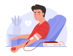 Cartoon image of a man seated in a chair donating blood