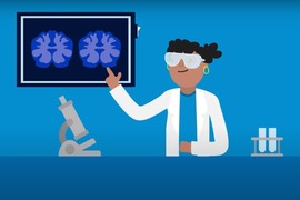 Illustration of woman in science lab setting pointing to image of brain. 