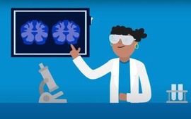 Illustration of female scientist pointing at brain scans in research lab setting.