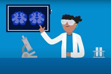 Illustration of female scientist pointing at brain scans in research lab setting.