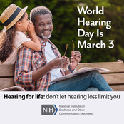 World Hearing Day is March 3. Image of a young girl whispering to her grandfather