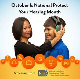 October Is National Protect Your Hearing Month.  Woman placing protective earmuffs on preteen boy.