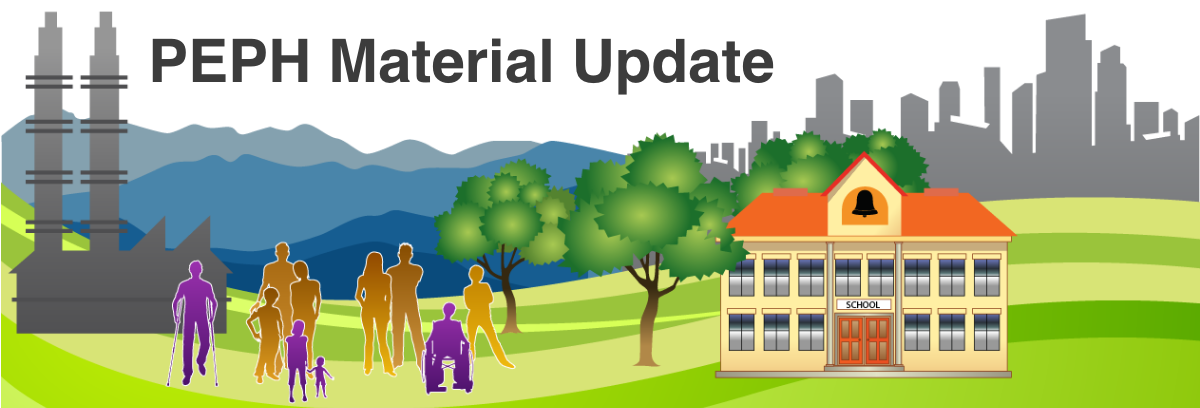 Partnership for Environmental Public Health Material Update -  people, a school house, and an industrial building with mountains and a city.