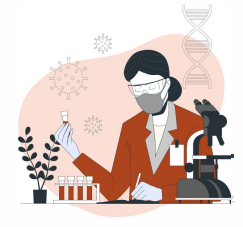 Illustration of a researcher by a microscope, holding a test tube and writing notes.