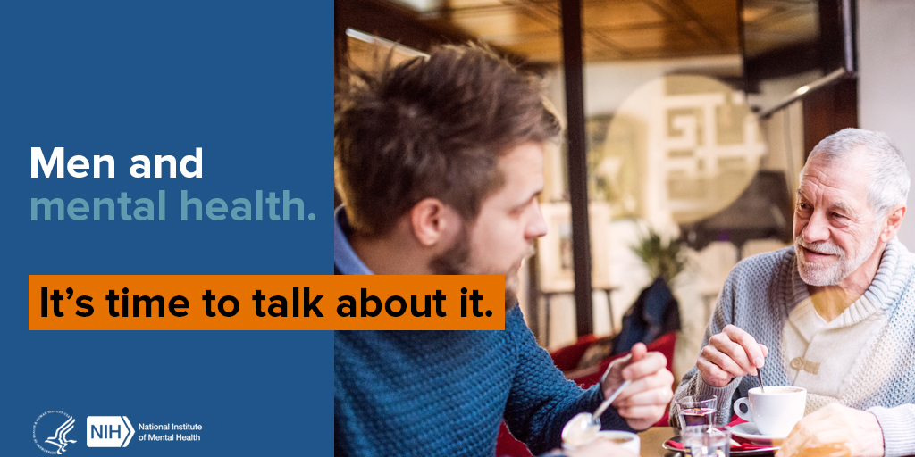 Caucasian father and son discussing mental health at a coffee shop.