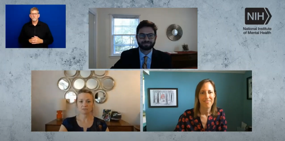 A screenshot of (from the top to left) American sign language interpreter, Drs. Stephen O'Connor, Stephanie Stepp, and Shireen Rizvi.