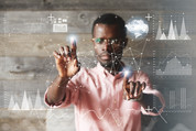 Visualizations of graphs and charts and a photo of a young man using his fingers to connect dots.