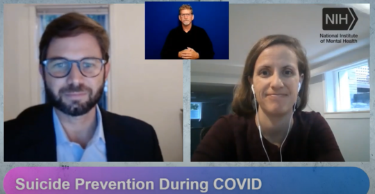 Screen shot of Drs. Stephen O'Connor and Lynsay Ayer and American sign language interpreter during event on suicide prevention.
