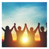 Silhouette of team raising their hands over their heads