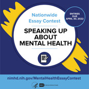 Blue and yellow graphic announcing the Speaking Up About Mental Health essay contest