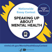 A white circle on blue background announcing the Speaking Up About Mental Health essay contest