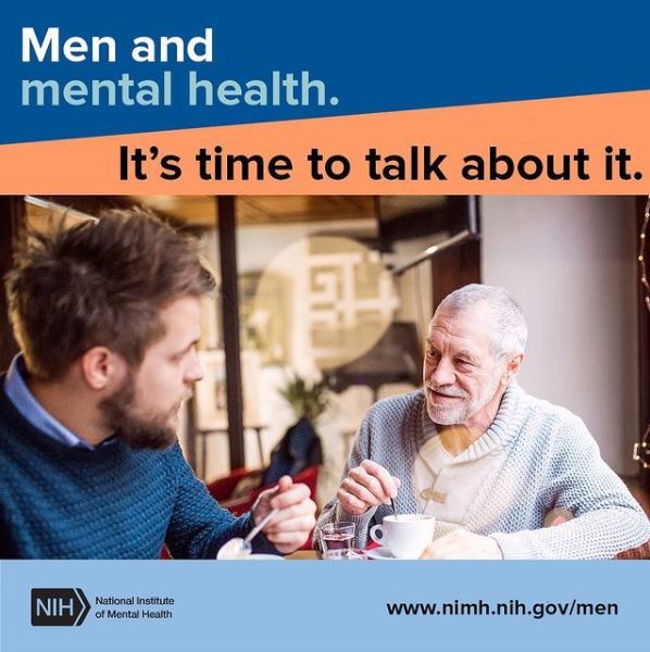 Men and mental health. It's time to talk about it. Two men, one older, one younger, drink coffee together.