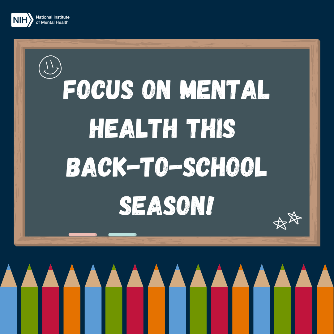Focus on mental health this back to school season. Blackboard with colored pencils. 