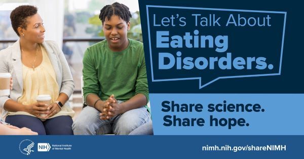 Adult and teenager talking in a group setting with the text “Let’s Talk About Eating Disorders. Share science. Share hope.”