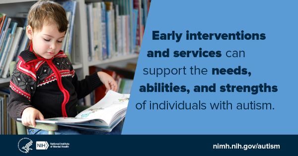 Early interventions and services can support the needs, abilities, and strengths of individuals with autism. Young boy reading a book. 