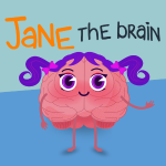 Jane the Brain, an illustrated character in the shape of a brain with purple pigtails