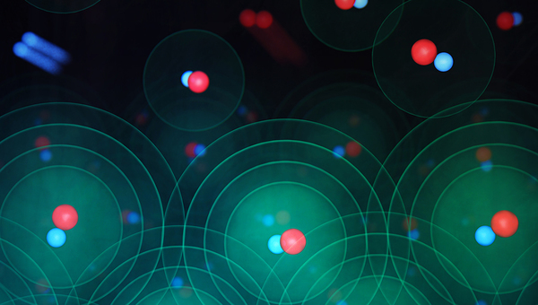 Red and blue balls with green circles