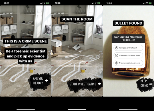 Three screenshots from Instagram say "This Is a Crime Scene," "Scan the Room," "Bullet Found."