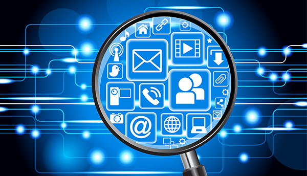 Search engine illustration shows magnifying glass over networked icons for digital materials like email and social media.