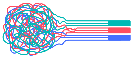 Illustration shows squiggle of colored lines straightening into parallel lines from left to right. 