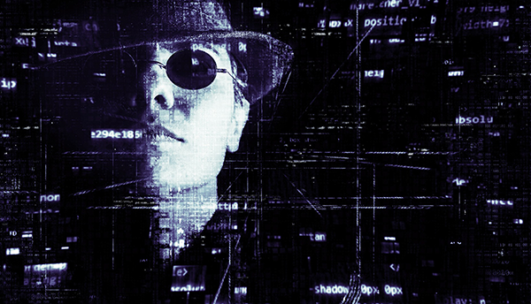 Illustration shows shady-looking character in sunglasses (hacker) overlaid with computer text and numbers. 