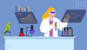 Illustration shows a scientist working in a lab with a parrot on a perch next to her. 