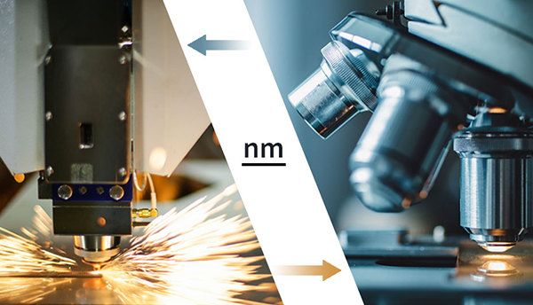 Side-by-side nanotechnology photos show an etching device on the left and a microscope on the right, with "nm" in between.