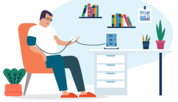 Illustration shows a man sitting in a chair looking at a telehealth monitoring device. 