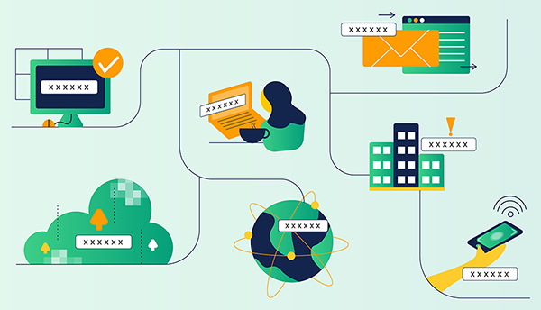 Zero truts cybersecurity illustration shows data moving through computers, email, the cloud, etc.