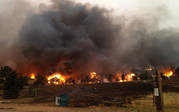 Seen from across a field, a wildfire burns houses and other buildings.