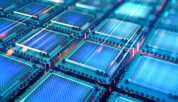 Close-up view of computer chips in rows