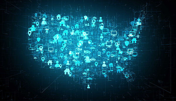 In IoT cybersecurity illustration, multiple blue digital images form a mosaic in the shape of the continental USA. 
