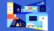 Illustration on blue background shows first responder communication images like fire, ambulance, police car, phone, computers.