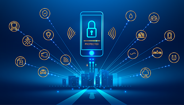 Cryptography illustration shows cellphone outline with padlock on screen, surrounded by other icons like car, satellite, video. 