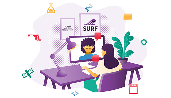 Virtual SURF illustration shows a woman at a desk talking to another woman via a computer screen. 