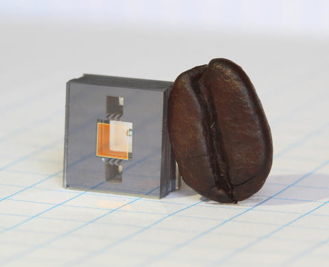 A square chip holding a vapor cell is about the same size as a coffee bean next to it. 