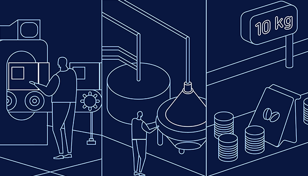 Line drawings on dark background show weights and measures inspections in factories and stores.