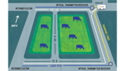 Illustration in blue and green shows cows in a field edged with fiber and laser paths.